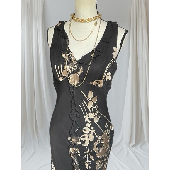 Sue Wong Womens Silk BurnedOut Midi Slip Black Tan dress 90s Y2K Vintage 12 L 10 - Picture 4 of 15